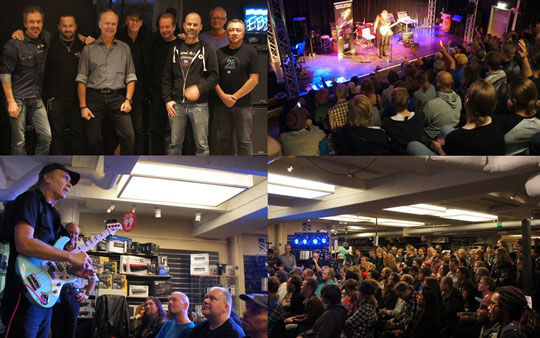 Top left corner: Billy Sheehan and the EBS crew at EBS headquarters. Top right: Master Class at Rytmus music school. Bottom left: Clinic at 4Sound Söder, Stockholm. Bottom right: Big crowd at 4Sound.