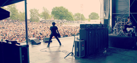 Canadian band Danko Jones at Sweden Rock with 4x EBS rigs provided by Swedish backline companies Backline Sthlm and LA Rental