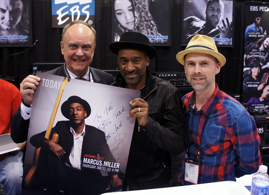 Marcus Miller with EBS CEO Bo Engberg and Marketing & Artist Relations Manager Ralf Bjurbo